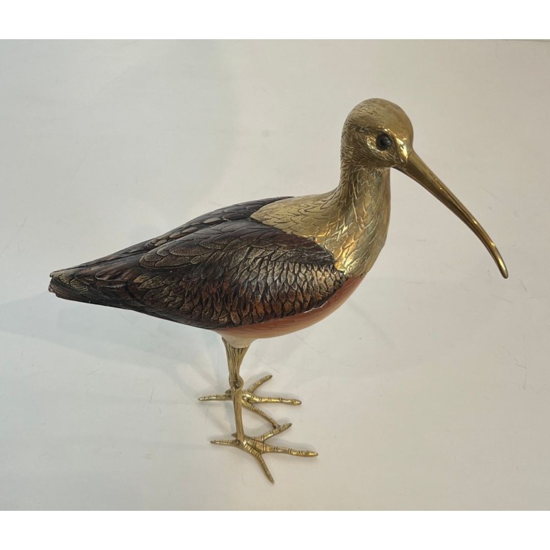 Decorative Carved Wood and Brass Sculpture of a Long-Billed Wading Bird