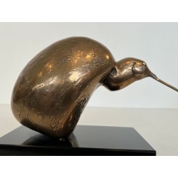 Bronze Sculpture of a Stylised Bird on a Black Marble Base, Signed and Numbered 302/500