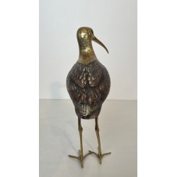 Decorative Carved Wood and Brass Sculpture of a Long-Billed Wading Bird