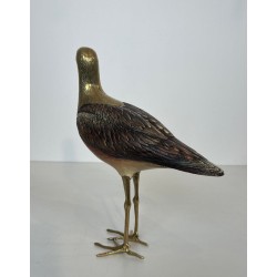 Decorative Carved Wood and Brass Sculpture of a Long-Billed Wading Bird