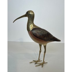 Decorative Carved Wood and Brass Sculpture of a Long-Billed Wading Bird