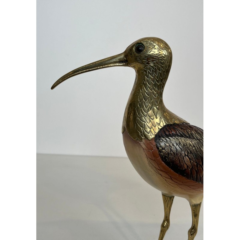 Decorative Carved Wood and Brass Sculpture of a Long-Billed Wading Bird