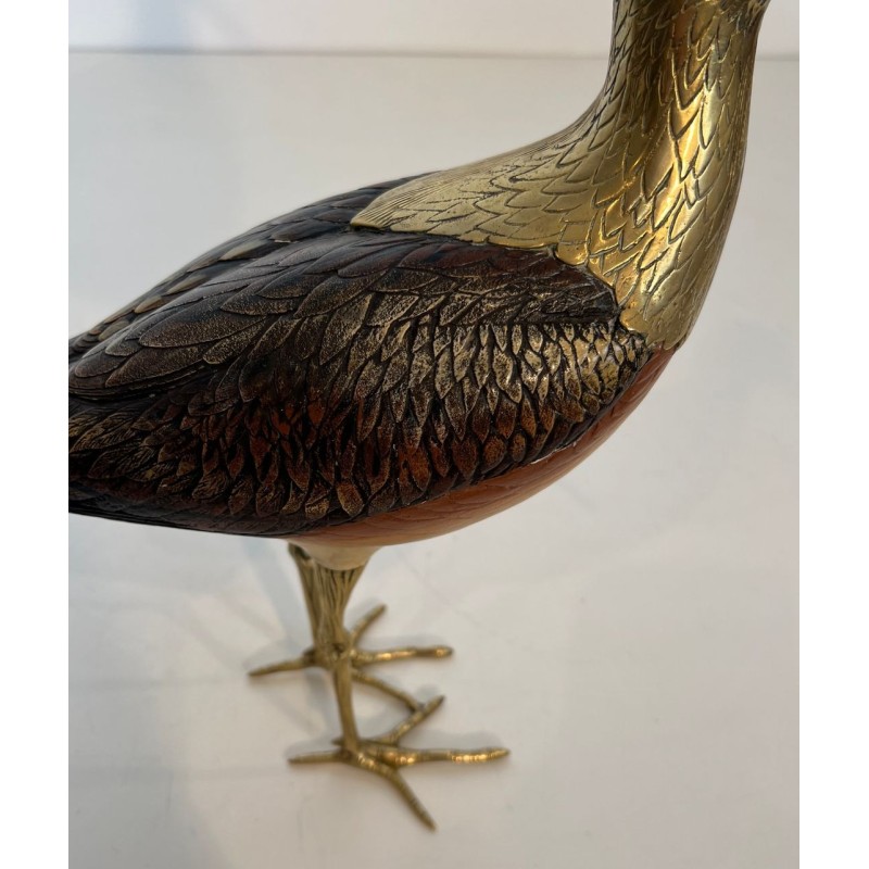 Decorative Carved Wood and Brass Sculpture of a Long-Billed Wading Bird