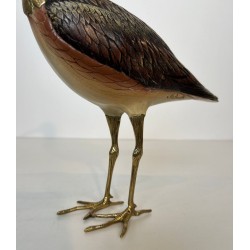 Decorative Carved Wood and Brass Sculpture of a Long-Billed Wading Bird