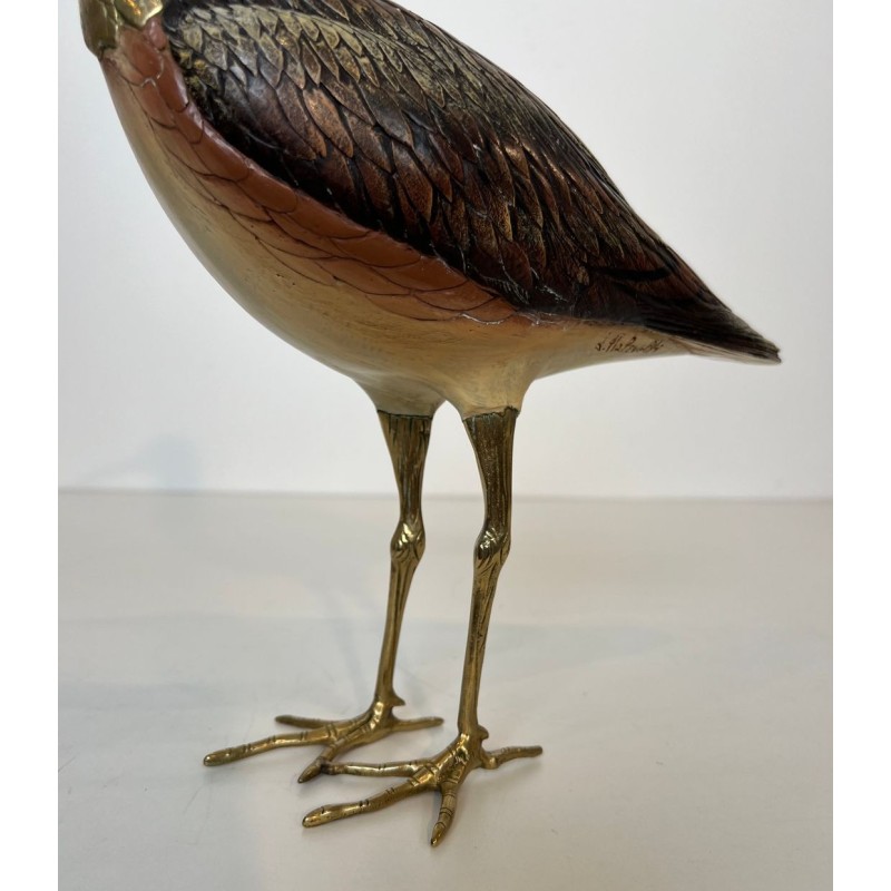 Decorative Carved Wood and Brass Sculpture of a Long-Billed Wading Bird