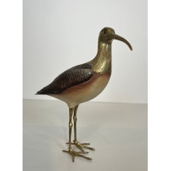 Decorative Carved Wood and Brass Sculpture of a Long-Billed Wading Bird