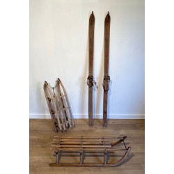 Pair of Antique Wooden Mountain Skis with Leather Bindings, Early 20th Century