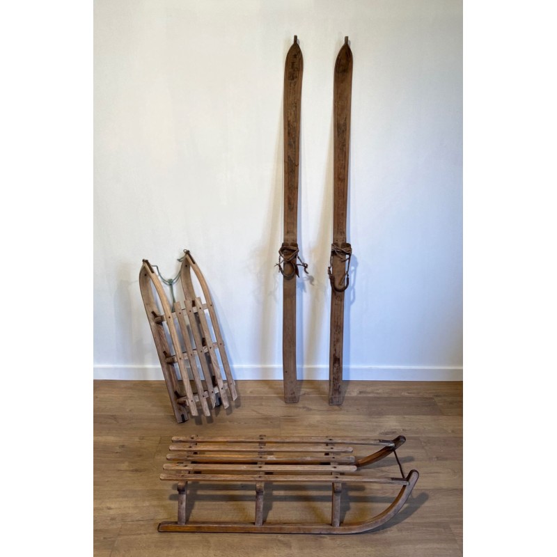 Pair of Antique Wooden Mountain Skis with Leather Bindings, Early 20th Century