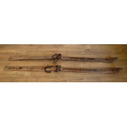 Pair of Antique Wooden Mountain Skis with Leather Bindings, Early 20th Century