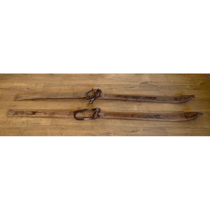 Pair of Antique Wooden Mountain Skis with Leather Bindings, Early 20th Century