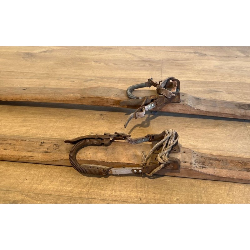 Pair of Antique Wooden Mountain Skis with Leather Bindings, Early 20th Century