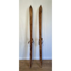 Pair of Antique Wooden Mountain Skis with Leather Bindings, Early 20th Century