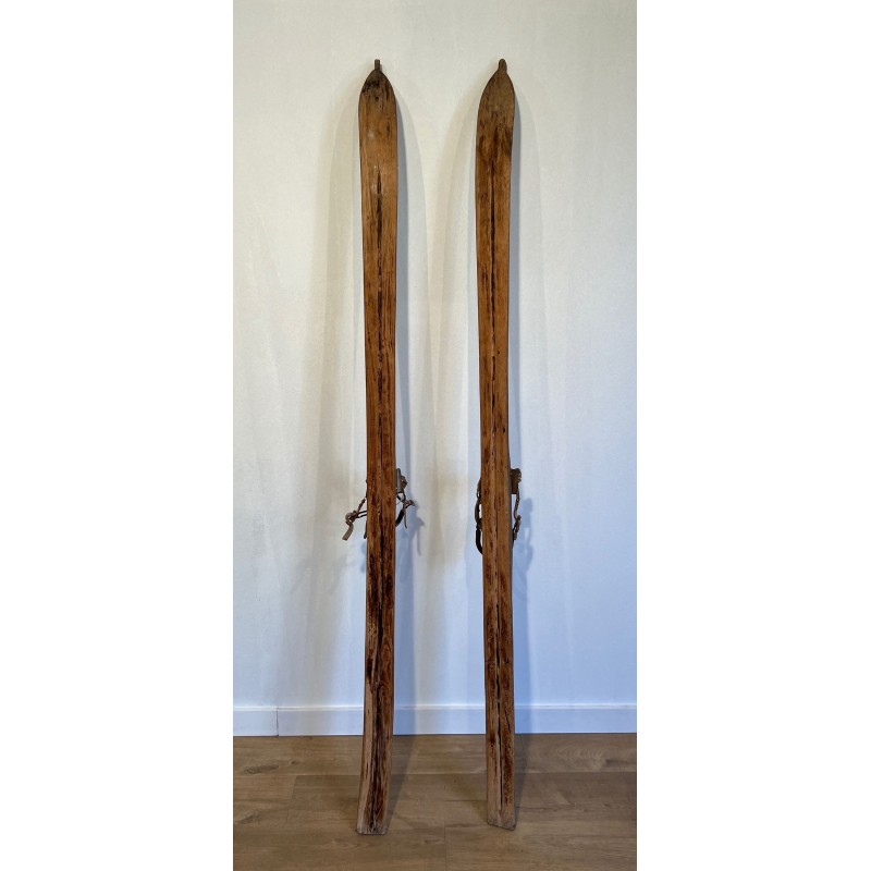 Pair of Antique Wooden Mountain Skis with Leather Bindings, Early 20th Century