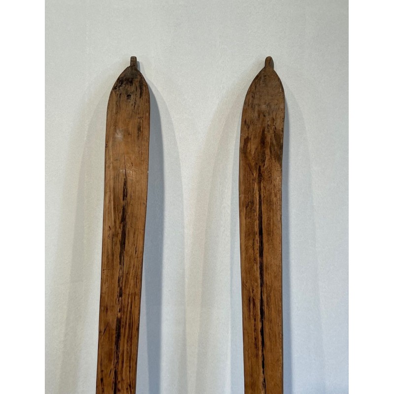 Pair of Antique Wooden Mountain Skis with Leather Bindings, Early 20th Century