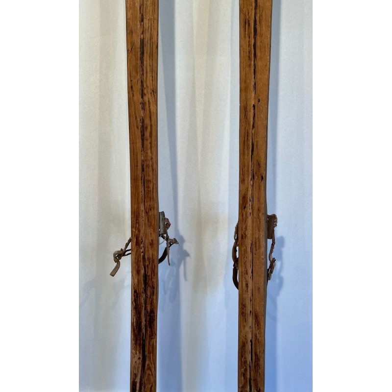 Pair of Antique Wooden Mountain Skis with Leather Bindings, Early 20th Century