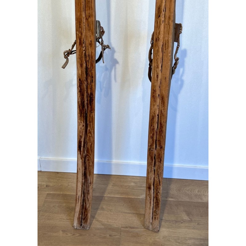 Pair of Antique Wooden Mountain Skis with Leather Bindings, Early 20th Century