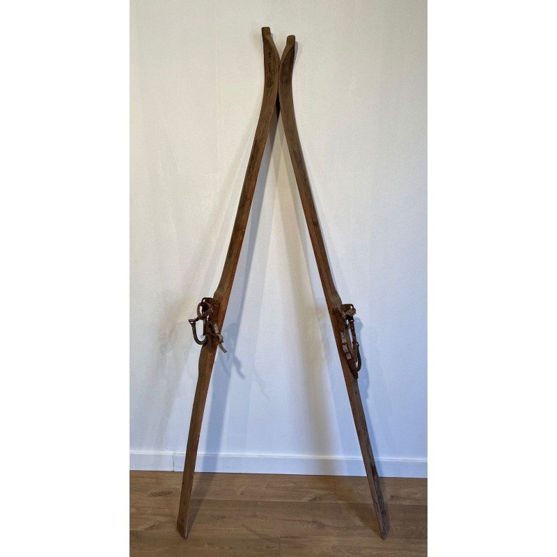 Pair of Antique Wooden Mountain Skis with Leather Bindings, Early 20th Century