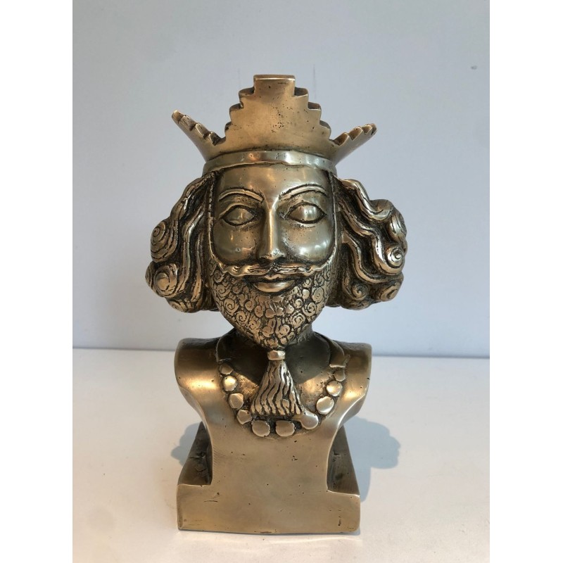 Buste en Bronze d’un Monarque Barbu Couronné, Travail Français, vers 1940