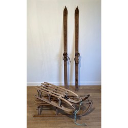 Pair of Antique Wooden Mountain Skis with Leather Bindings, Early 20th Century