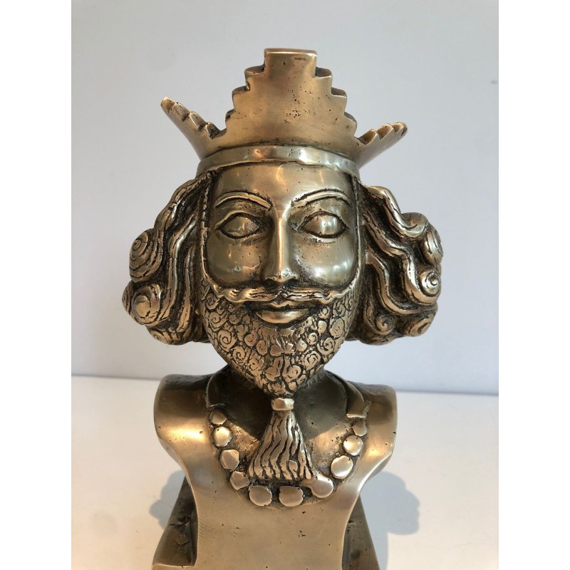 Buste en Bronze d’un Monarque Barbu Couronné, Travail Français, vers 1940