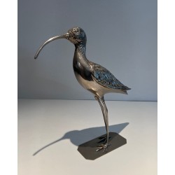 Large Silvered Brass Curlew Sculpture with Chiselled Feathers, French Work, circa 1970
