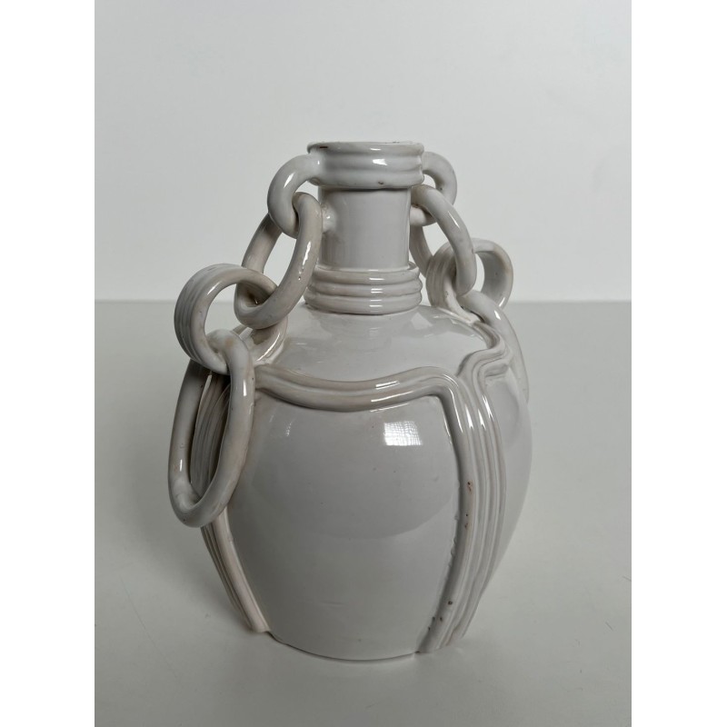 Vase en Céramique Émaillée Blanche à Anses en Chaîne, Signé, Travail Français, vers 1970