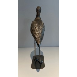 Large Silvered Brass Curlew Sculpture with Chiselled Feathers, French Work, circa 1970