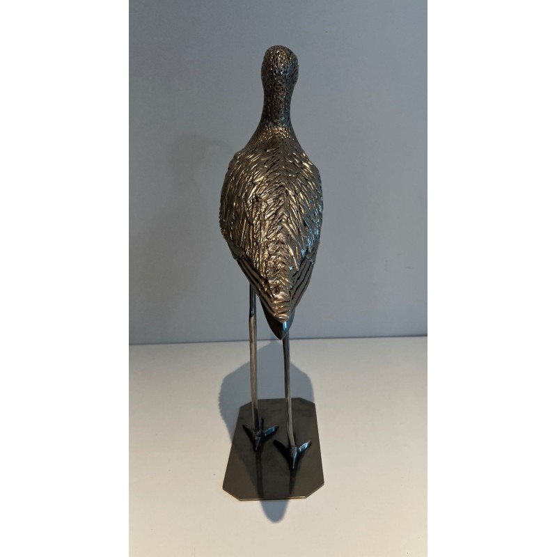 Large Silvered Brass Curlew Sculpture with Chiselled Feathers, French Work, circa 1970