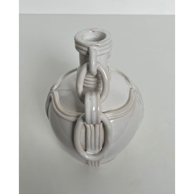 Vase en Céramique Émaillée Blanche à Anses en Chaîne, Signé, Travail Français, vers 1970