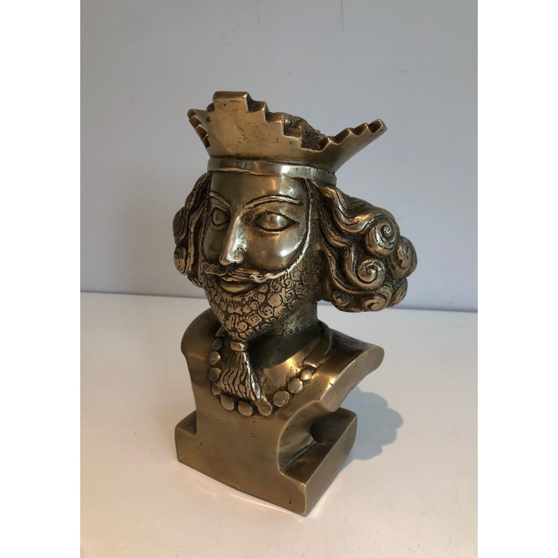 Buste en Bronze d’un Monarque Barbu Couronné, Travail Français, vers 1940