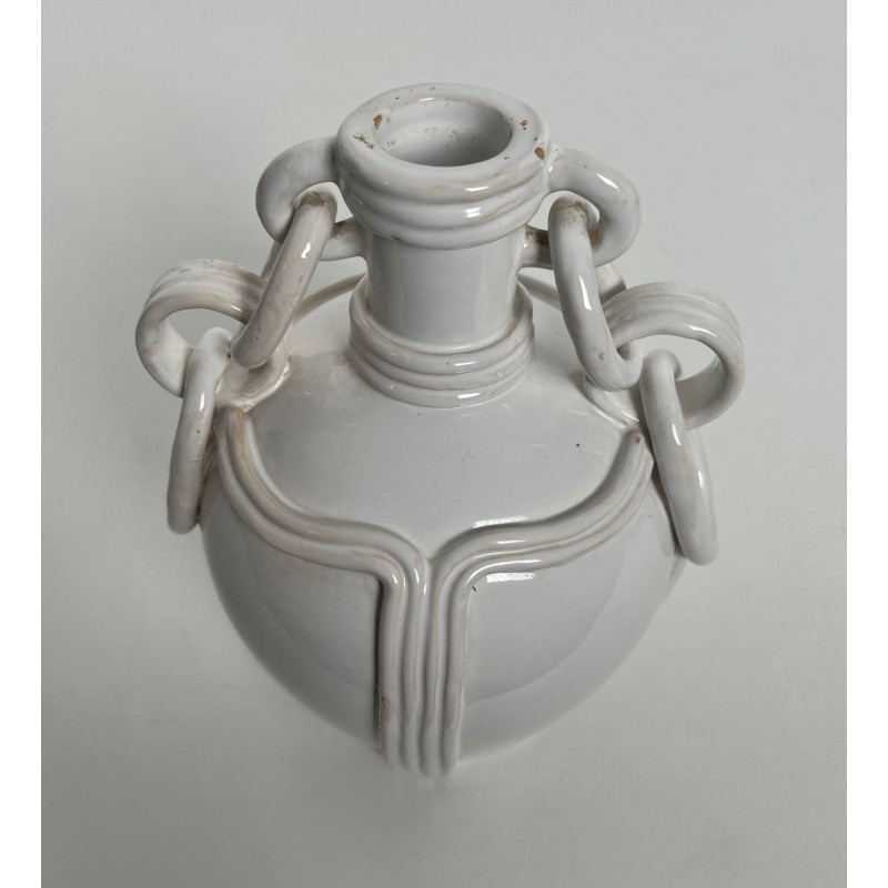 Vase en Céramique Émaillée Blanche à Anses en Chaîne, Signé, Travail Français, vers 1970