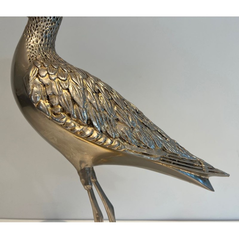 Large Silvered Brass Curlew Sculpture with Chiselled Feathers, French Work, circa 1970