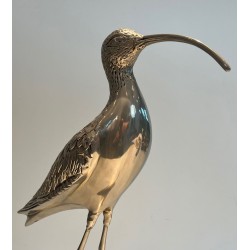 Large Silvered Brass Curlew Sculpture with Chiselled Feathers, French Work, circa 1970