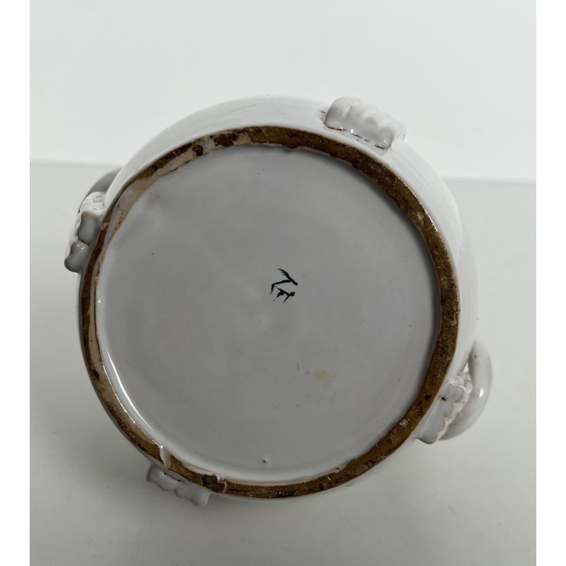 Vase en Céramique Émaillée Blanche à Anses en Chaîne, Signé, Travail Français, vers 1970