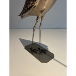 Large Silvered Brass Curlew Sculpture with Chiselled Feathers, French Work, circa 1970