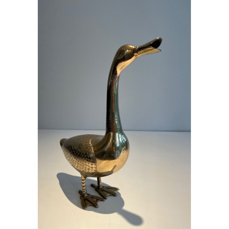 Large Decorative Polished Brass Duck Sculpture, French Work, circa 1970