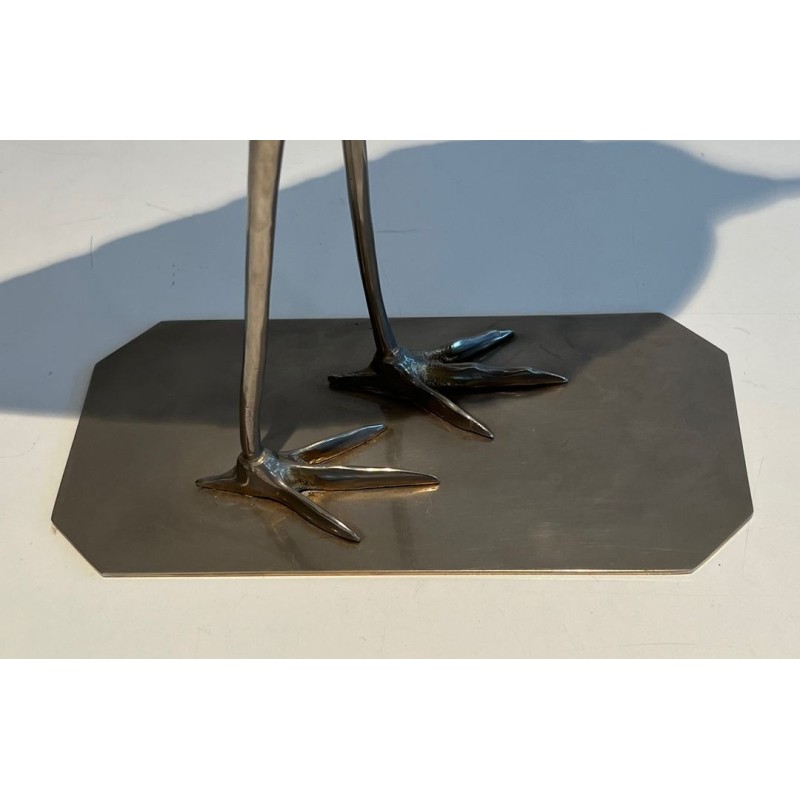 Large Silvered Brass Curlew Sculpture with Chiselled Feathers, French Work, circa 1970