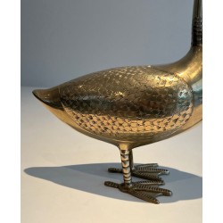Large Decorative Polished Brass Duck Sculpture, French Work, circa 1970