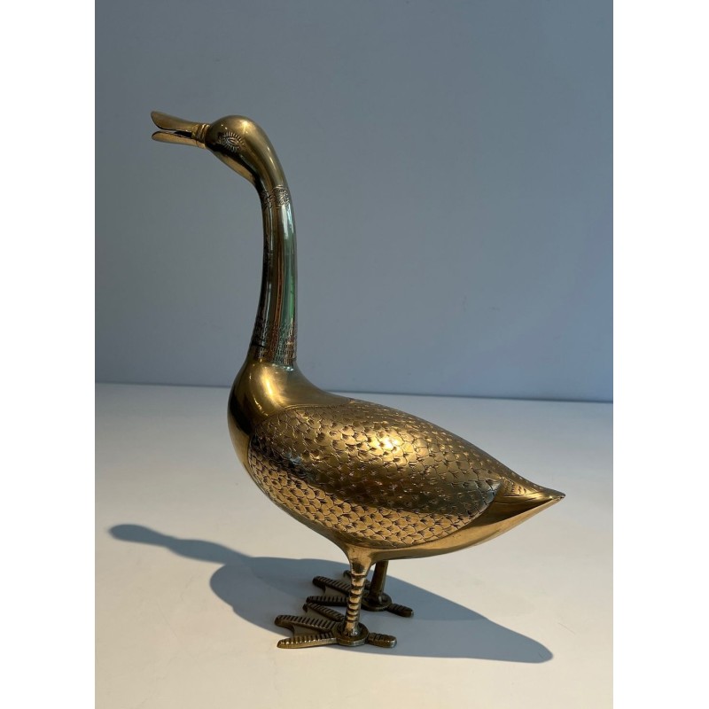 Large Decorative Polished Brass Duck Sculpture, French Work, circa 1970