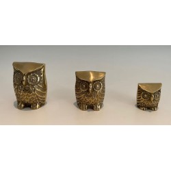 Set of Three Small Decorative Brass Owls, French Work, circa 1970