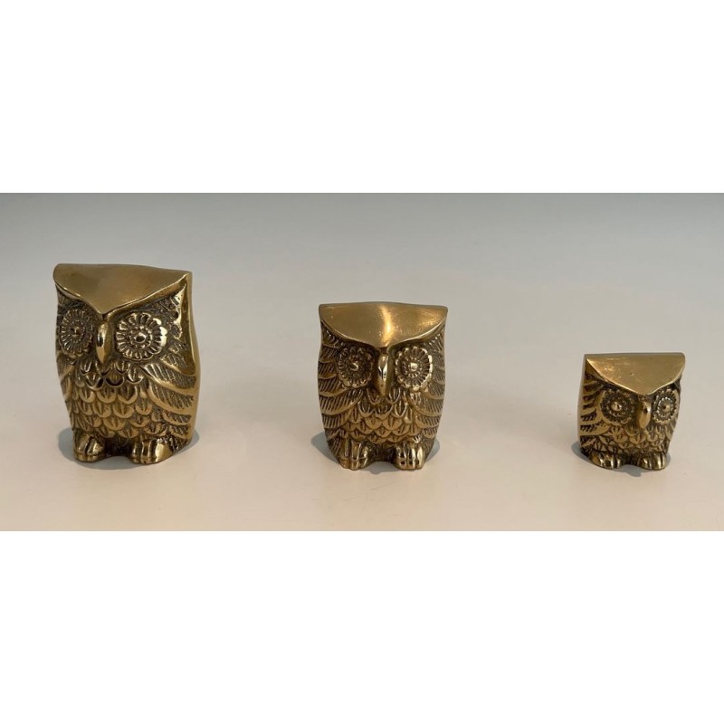 Set of Three Small Decorative Brass Owls, French Work, circa 1970