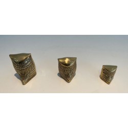 Set of Three Small Decorative Brass Owls, French Work, circa 1970
