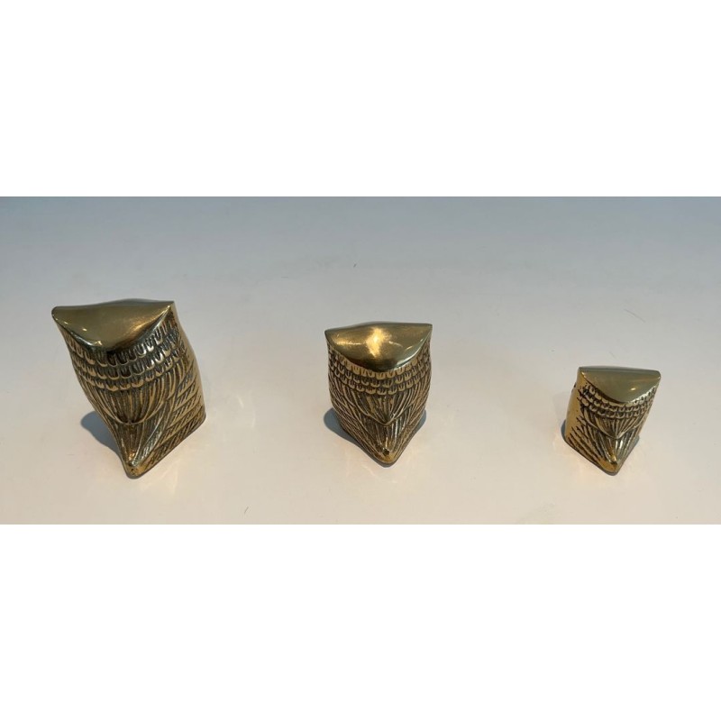 Set of Three Small Decorative Brass Owls, French Work, circa 1970