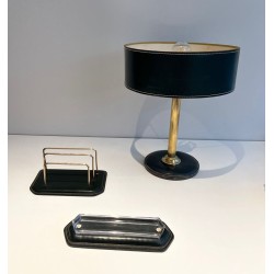 Dark Green Leather Desk Set with Lamp and Accessories, Jacques Adnet Style, c.1950