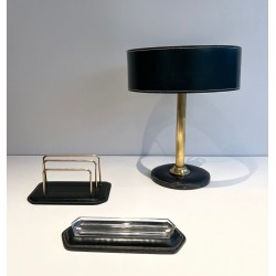 Dark Green Leather Desk Set with Lamp and Accessories, Jacques Adnet Style, c.1950