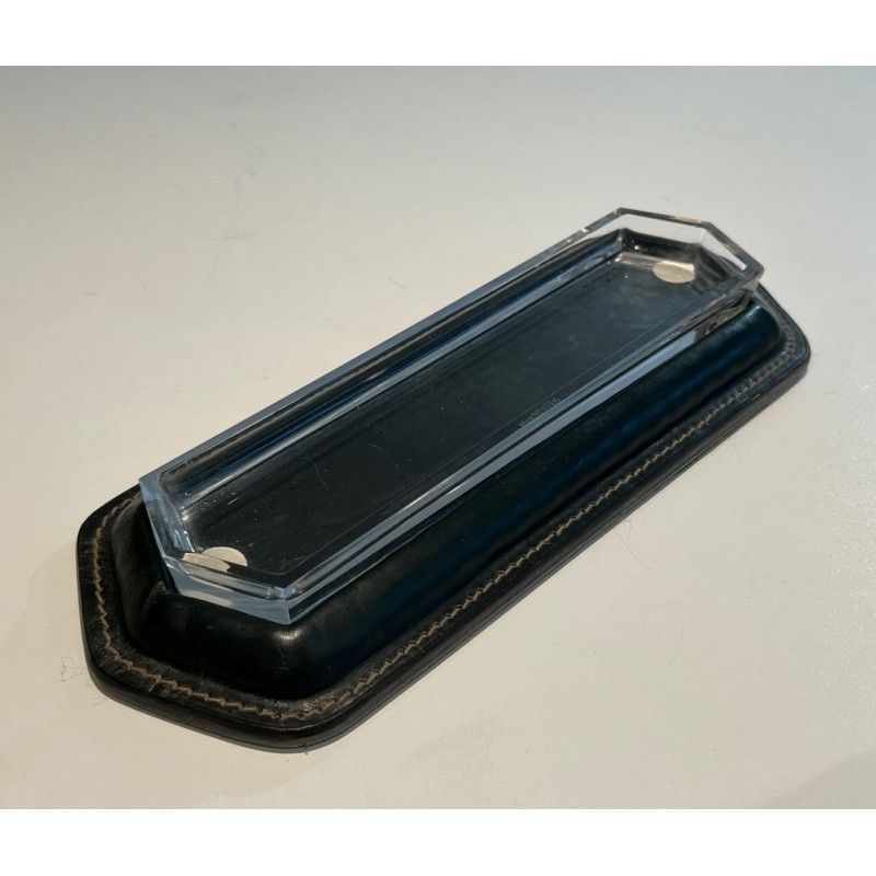 Dark Green Saddle-Stitched Leather and Glass Pen Tray, Jacques Adnet Style, c.1950
