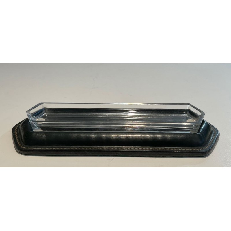 Repose-Stylos en Cuir Vert Piqué Sellier et Verre, Style Jacques Adnet, vers 1950