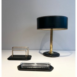 Dark Green Leather Desk Set with Lamp and Accessories, Jacques Adnet Style, c.1950