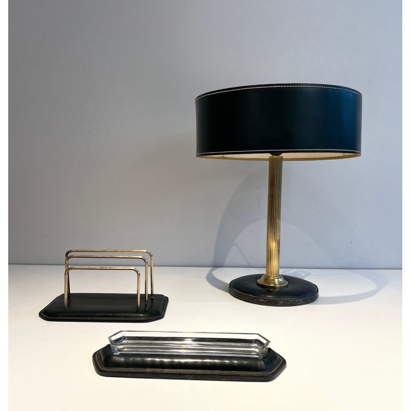 Dark Green Leather Desk Set with Lamp and Accessories, Jacques Adnet Style, c.1950