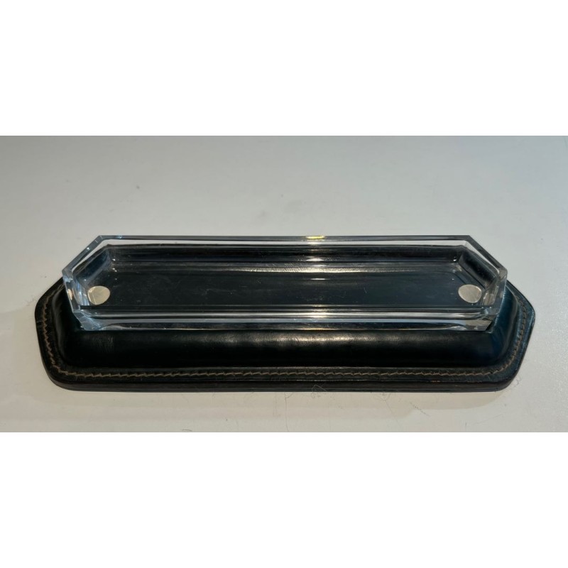 Dark Green Saddle-Stitched Leather and Glass Pen Tray, Jacques Adnet Style, c.1950